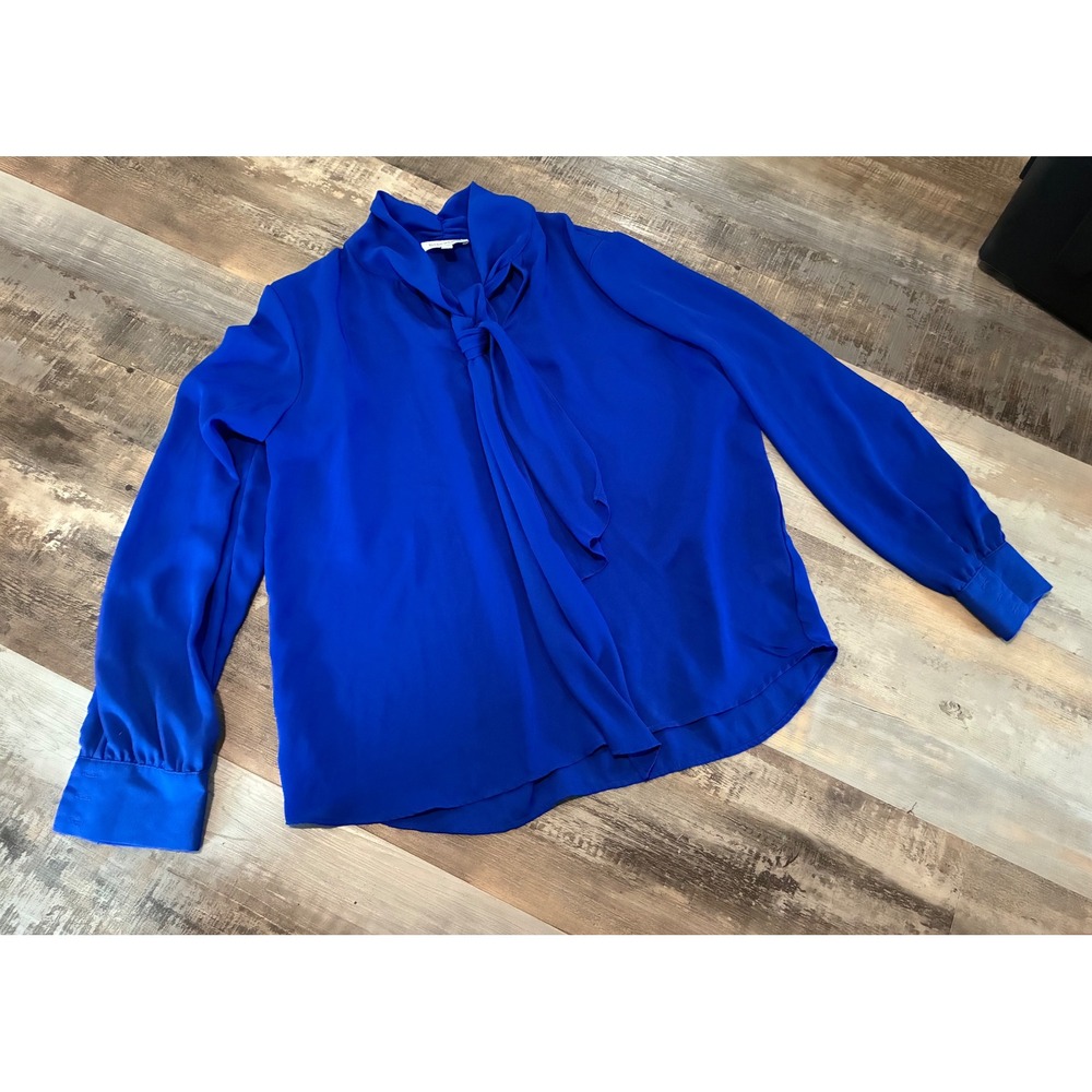 Ellen Weaver Royal Blue Tie Neck Blouse Long Sleeve Cobalt Top XL